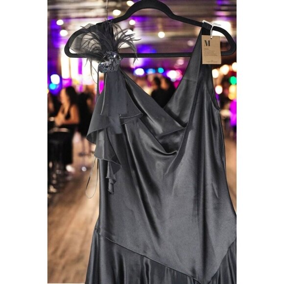 A.B.S. by Allen Schwartz Black Satin Handkerchief Hem Dress - Size 14 - Pre-Own - Picture 2 of 11